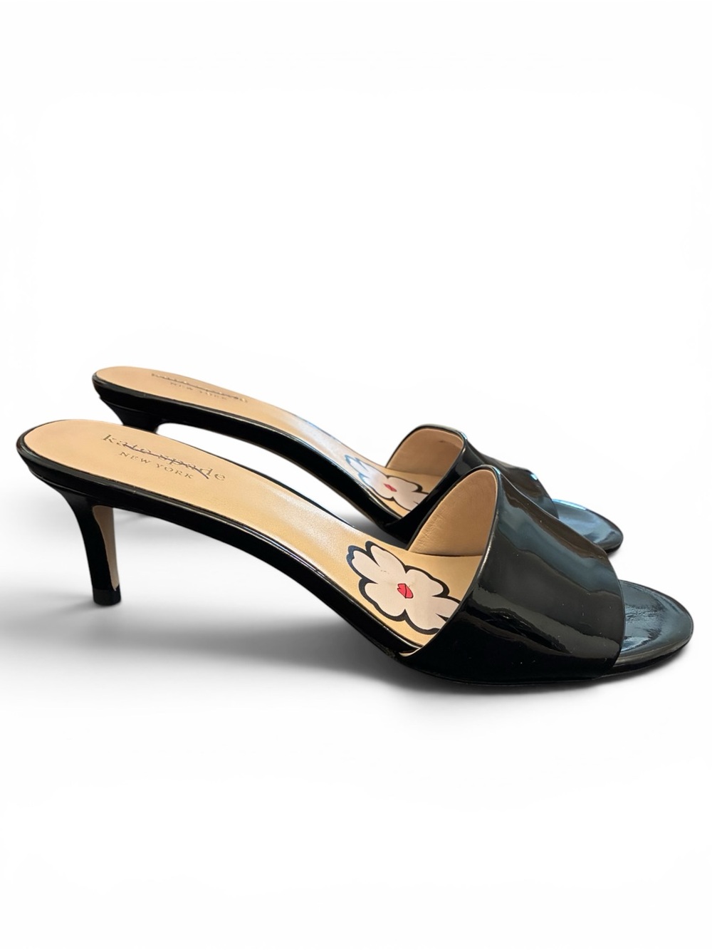 kate spade Black Patent Open-Toe Kitten Heel Slides